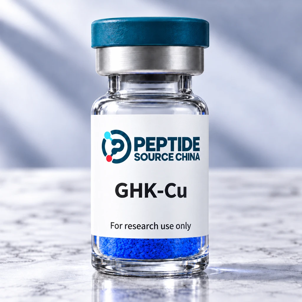 GHK-Cu research vial with Peptide Source China logo and research-use label