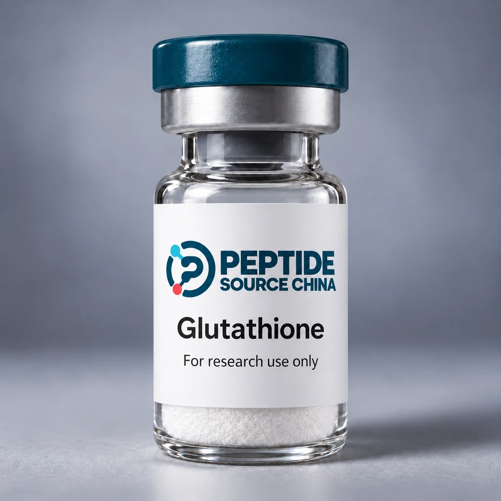 Glutathione research vial with Peptide Source China logo and research-use label
