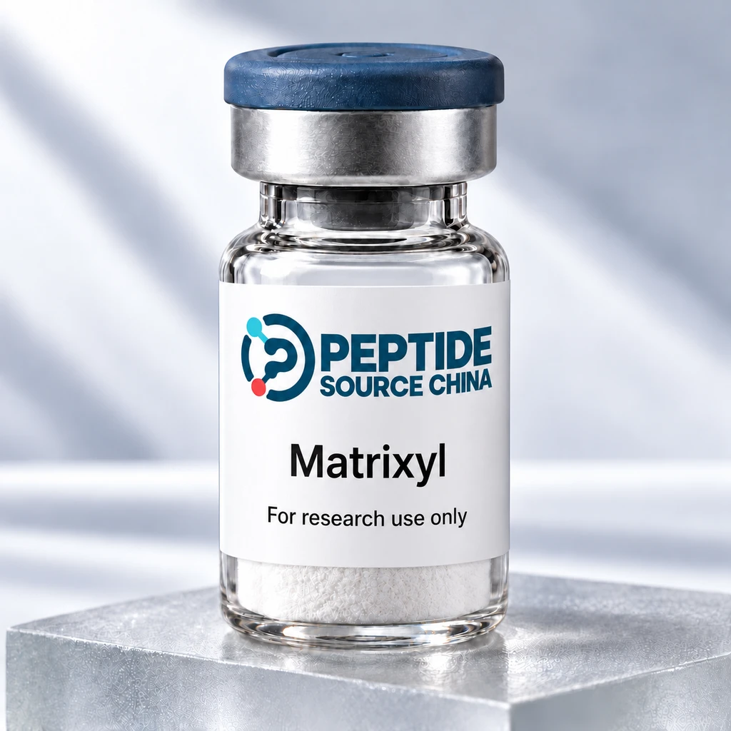 Matrixyl research vial with Peptide Source China logo and research-use label