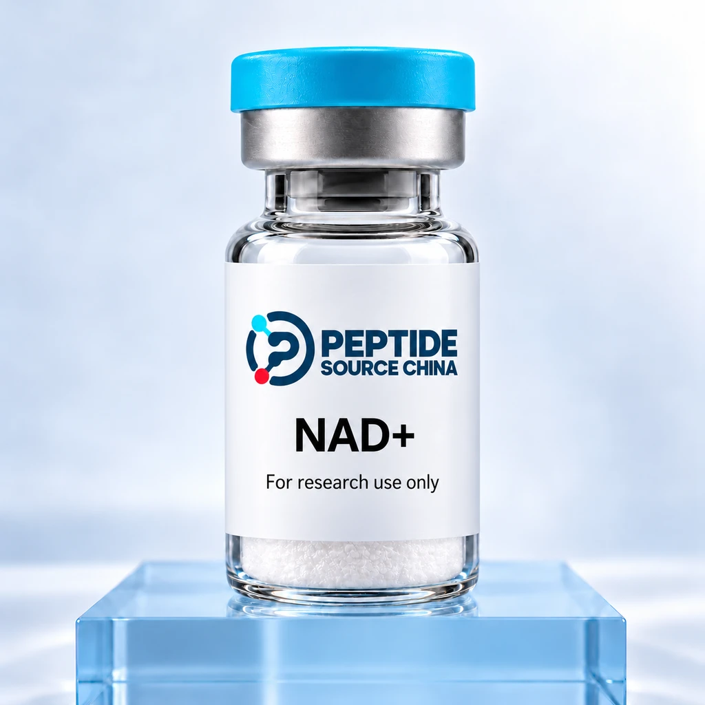 NAD+ research vial with Peptide Source China logo and research-use label