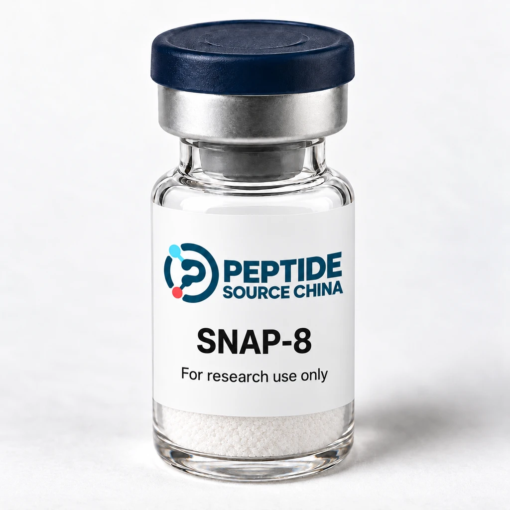 SNAP-8 research vial with Peptide Source China logo and research-use label