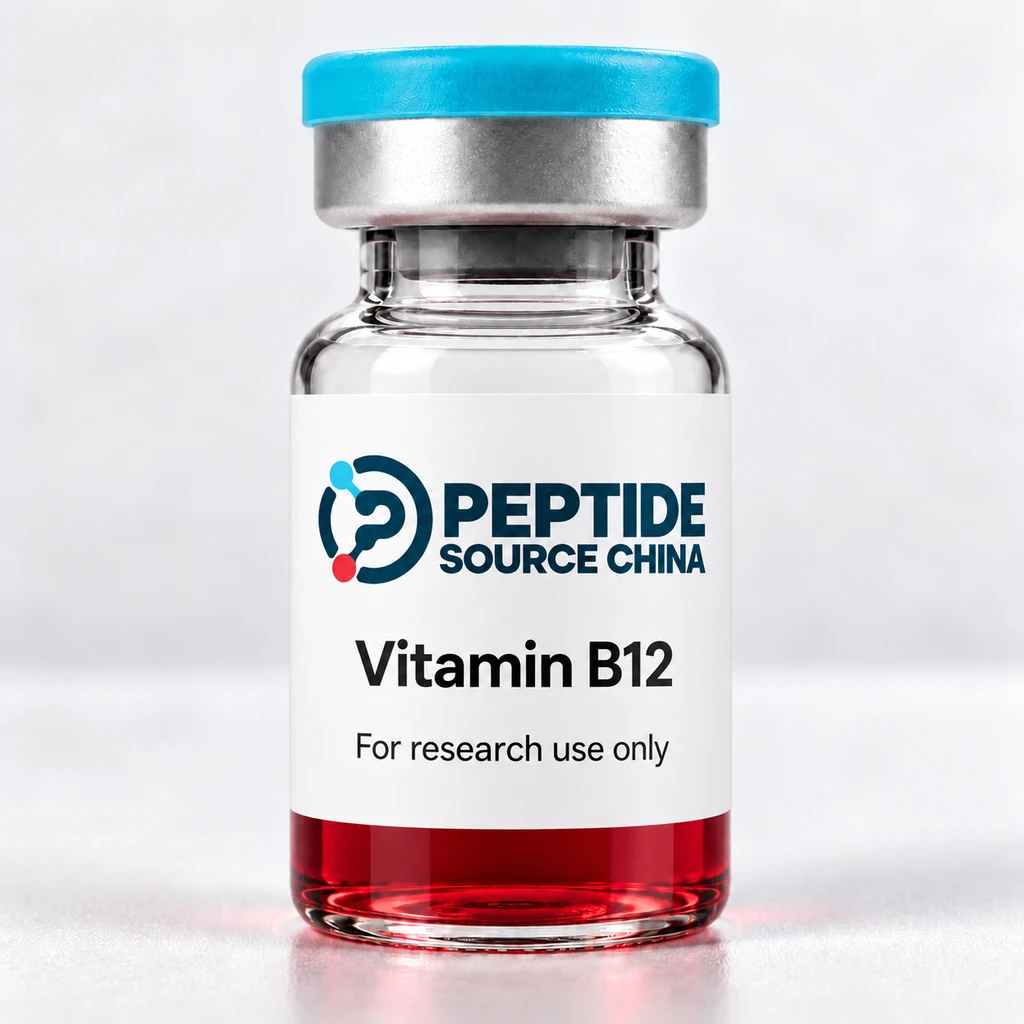 Vitamin B12 research vial with Peptide Source China logo and research-use label